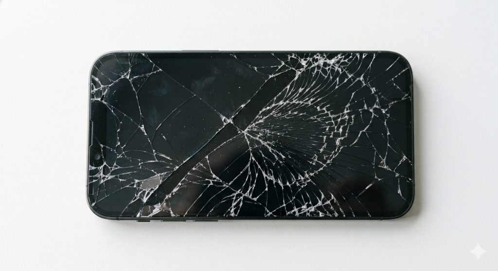 Technician replacing a cracked iPhone 14 screen at a UK repair bench.